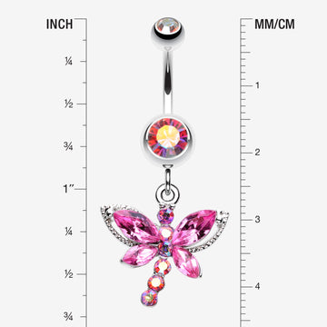 Detail View 1 of Dragonfly Glam Belly Ring-Pink/Aurora Borealis